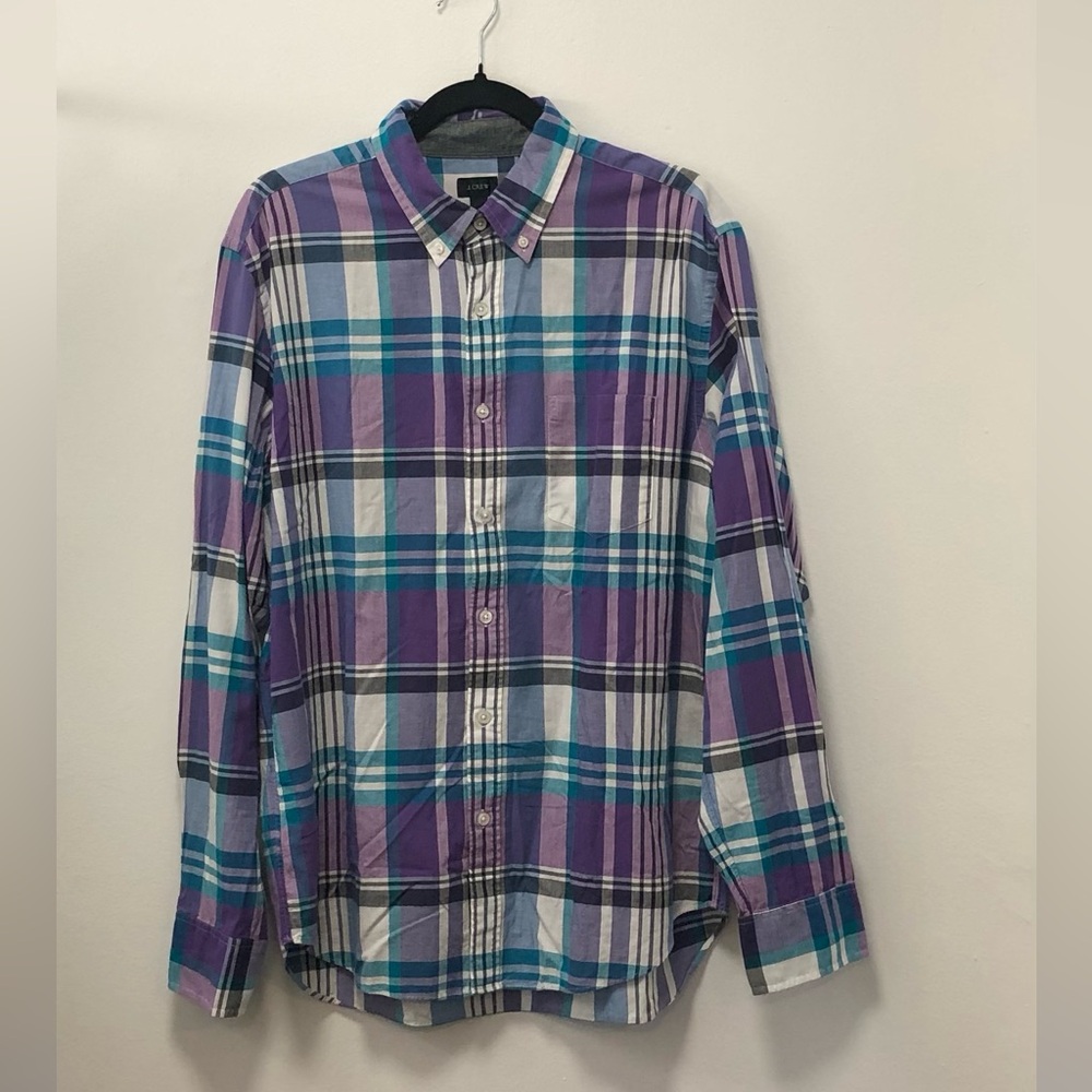 J. Crew men’s button down shirt, purple/green, size L, back length 30.5”.